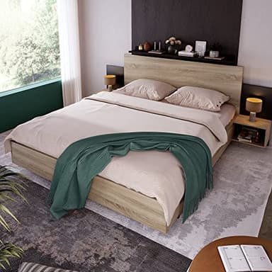 Bladez Lit double avec tables de chevet intégrées, 160 x 200 cm, chêne Sonoma et gris foncé, design flottant, bois massif, sommier à lattes inclus, kit complet pour chambre à coucher moderne