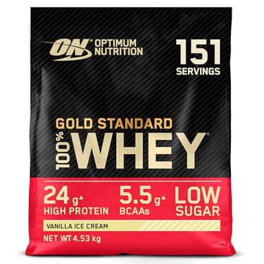 Optimum Nutrition Gold Standard 100% Whey, Protéine en Poudre, Goût Glace à la Vanille, 4.53kg, 151 Doses