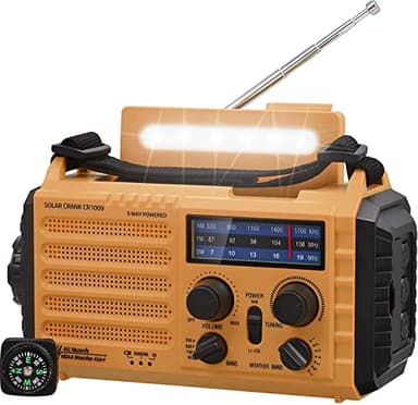 Radio Solaire, Radio de Chantier, Radio Portable à Manivelle, Radio d'urgence avec AM/FM/SW, Banque d'alimentation Rechargeable 4000mAh, Lampe de Poche LED et Lampe de Lecture, Alarme SOS, Boussole