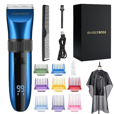 BarberBoss Tondeuse à barbe et à cheveux sans fil – Étanche avec lames en céramique, écran LED, charge rapide et peignes 8 couleurs QR-2082