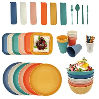YEEBECA 67 Pièces Vaisselle Camping, Plastique Reutilisable Sans BPA pour 6 Personnes, Set Pique Nique Adapté Pour Les Repas De Famille, Les Pique-Niques, Passe Au Lave-Vaisselle.