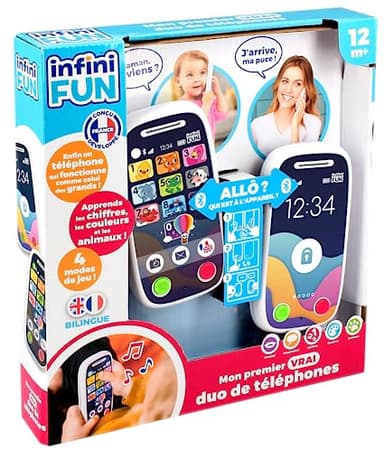 Infini Fun - Mon Premier Vrai Duo de téléphones - Le Premier téléphone Qui Permet de Passer des appels Via Bluetooth ! - Jouets d'imitation Multi-apprentissages bilingue Français/Anglais dès 12 Mois