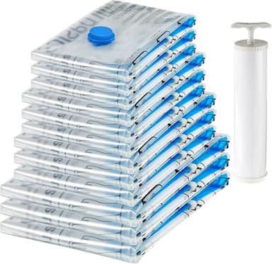 Amazon Basics de rangement sous vide avec pompe manuelle, Lot de 12, (3 jumbo, 3L, 3M, 3S), Fermeture éclair, Multiple, Blanc,bleu