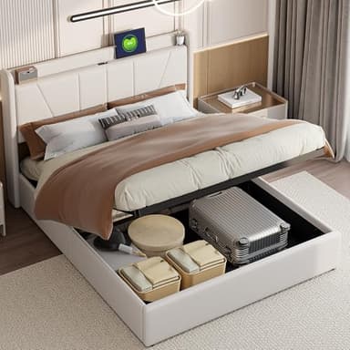 Yeutre Lit Coffre 160x200 CM Lits Double avec 2 USB, Type-C et Tete de lit de Rangement Lits Capitonné avec Hydraulique et sommier à Lattes Lit 2 Personnes(sans Matelas) (Beige, 160 x 200 cm)