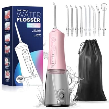 JTF Hydropulseur Jet Dentaire, Électrique Professionnel Irrigateur Oral Sans Fil - 4 Modes et 9 Buses, Réservoir 300ML, USB Chargé, IPX7 Étanche, Idéal pour Voyage(Rose)