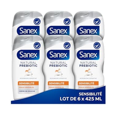 SANEX - Natural Prebiotic Peau Sensible- Gel douche formule Crème- Nettoie en Douceur - Minimise Risque d’Irritation - Complexe Prébiotique & Postbiotique - Testé Dermatologiquement - Lot de 6 X 425mL