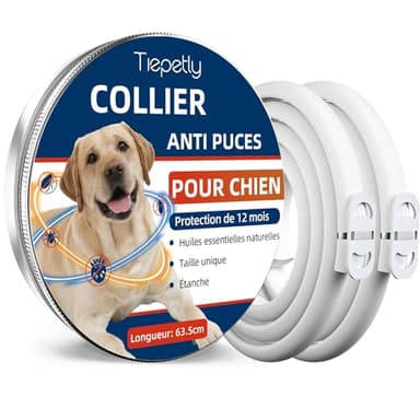 Tiepetly Collier Anti Puces pour Chien Tous Types de Chiens, Élimine Puces, Tiques, Poux, Huiles Essentielles 100% Naturelles, Réglable (63.5cm,2pack)