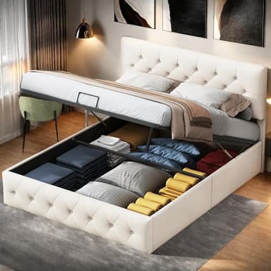 Lodera Lit Double 160x200 avec Tête Capitonnée et Rangement, Lit Coffre avec sommier à Lattes et tête de lit, pour Adultes et Adolescent, Cadre en Velours Doux,Beige