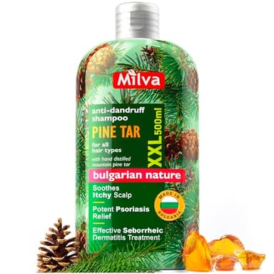 Milva Shampoing Dermatite Séborrhéique Goudron de Pin - 500 ml Shampoing Antipelliculaire, Psoriasis - Apaise Cuir Chevelu Irrité, Squameux, Anti-démangeaisons, Réduit Pellicules et Rougeurs, Hydrate