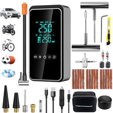 Compresseur à Air Portatif, Gonfleur Pneus Voiture avec 25pcs Kit de Réparation de Pneus, Gonfleur Pneus Voiture sans Fil, Mini Pompe Electrique pour Voiture, Moto, Vélo,Balle