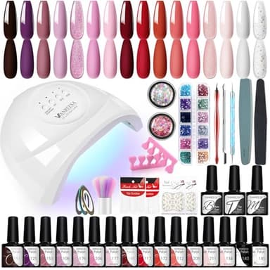 VANREESA Kit Vernis Semi Permanent Complet, 16 Couleurs Vernis Gel U V Semi Permanent avec Lampe à Ongles 48W U V LED et Décoration et Outils pour les Ongles, Cadeau pour les Femmes