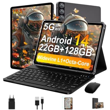 ZIOVO Android 14 Tablette 10 Pouces, 22GoRAM+128Go ROM (1To TF),Widevine L1/Octa-Core/2.0GHz/5G WiFi/8000mAh/BT 5.0/5+8MP/Coque Métallique/Tablette Tactile avec Clavier et Souris-Gris