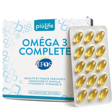 Omega 3 IFOS 5 étoiles Certifié Avec Vitamine D3 2000 UI Et E PiùLife, 60 Softgels, Huile De Poisson Omega 3 DHA EPA 2000 mg et 1000 mg par dose, Soutien Cœur, Vue, Os, Cerveau