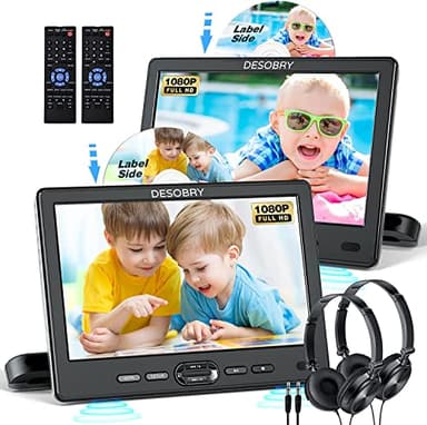 DESOBRY Lecteur DVD Voiture 10,5 Pouces 2 Moniteurs Appui-Tête 2 Casques Entrée HDMI Câble DVI, TV pour Enfants 1080p, écran de Voiture USB/SD, Last Memory
