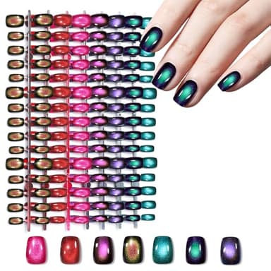 Laza 210pcs Cat Eye Press on Nails for Women 7 Colors Glossy Glitter Black Hole Short Square Reusable Nail Tips in 15 Sizes Long Lasting Salon Fake Nails Stick - Galaxy Chameleon