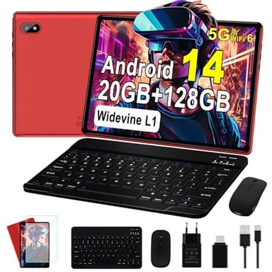 Nouvelle Tablette Android 14 Tablette Tactile avec 20Go RAM+128Go ROM(TF/1To) Octa-Core, 5G WiFi, WiFi 6, GMS Certified, Widevine L1, 5MP+8MP, 1280 * 800,Bluetooth 5.0, Tablette avec Clavier - Rouge