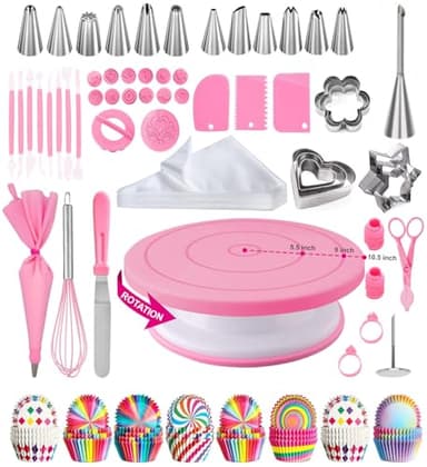 Kit Patisserie,Plateau Tournant Patisserie,Patisserie Accessoire,Ustensiles à Pâtisserie Inclure Plateau Tournant, Poche a Douille, Decoration Gateau Anniversaire (Couleur rose)