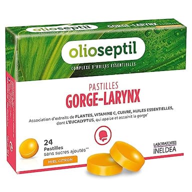 OLIOSEPTIL® - Pastilles à Sucer Gorge-Larynx - Sans Sucres Ajoutés - Extraits de Plantes, Vitamine C, Cuivre et Huiles Essentielles - Apaise et Assainit la Gorge - 24 Pastilles – Gout Miel-Citron