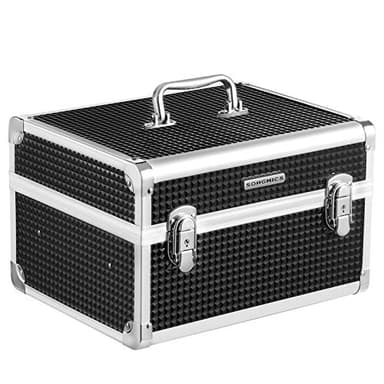 SONGMICS Mallette de Maquillage, Boîte à cosmétique verrouillable, Organisateur de Voyage, pour coiffeurs, maquilleurs, avec Plateau Amovible, Noir JBC328B01