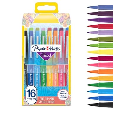 Paper Mate Flair Stylos feutres | Feutres de coloriage sans fuite à pointe moyenne (0,7 mm) | Idéal pour écrire, coloriage (adultes et enfants) etc. | assortiment de couleurs | Lot de 16