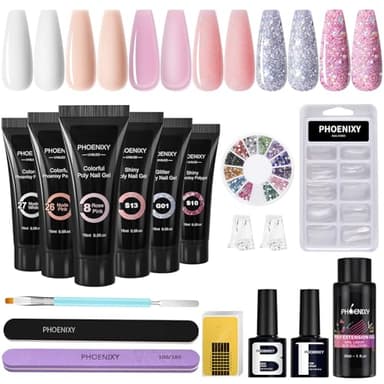 Phoenixy Kit Ongle Gel U V Complet 6 Couleurs Kit Ongle Gel Base et Top Coat Acrygel Ongle pour Débutants DIY Nail Art à La Maison Rose Paillettes Argentées
