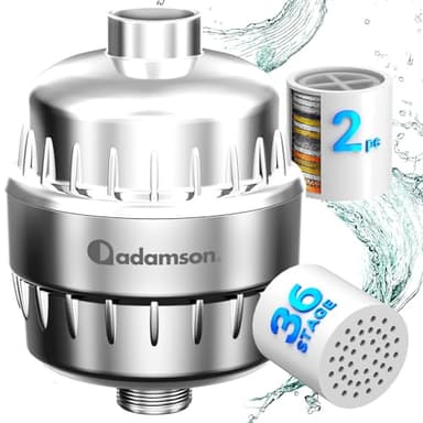 Adamson Filtre Douche Anti-Calcaire – 36 Étapes Filtration Haute Performance – Réduit le Chlore, Calcaire et Métaux Lourds – Protège Peau et Cheveux – Installation Facile - 1 Extra Cartouche Incluse