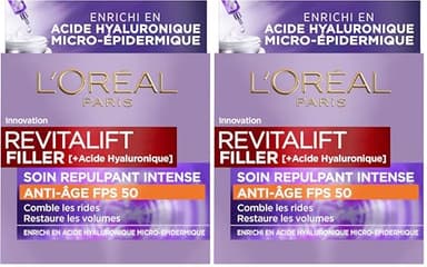 L’Oréal Paris - Soin Repulpant Intense Anti-âge FPS 50 - Crème de Jour à l’Acide Hyaluronique avec Protection UV - Rides & Ridules - Pour Tous Types de Peaux - Revitalift Filler - 50 ml (Lot de 2)