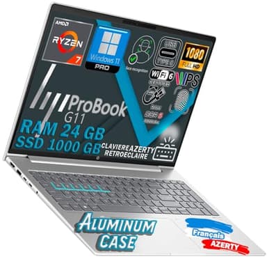 HP PROBOOK 465 G11, Ryzen 7 7735U 4.7Ghz, RAM 24Go DDR5, SSD 1000Go, écran 16 FULLHD, WiFi6E, FaceID, Empreinte Digitale, Clavier rétroéclairé, Win11, configuré, AZERTY, Couverture en Aluminium, Slim