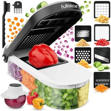 Fullstar Coupe Legumes Multifonctions et Mandoline - Trancheur ou Découpe Cube Oignons Carottes Concombres Frites Fruits - Rapeuse Legume et Fromage - Cuisine Accessoires (Compact 6-en-1 Blanc)