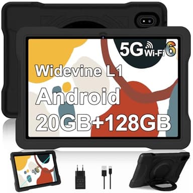 Tablette 10 Pouces Android Tablette Tactile avec 20Go RAM + 128Go ROM (TF 1To), Octa-cœur, 2.0 GHz, GMS Widevine L1, WiFi 6, 6000mAh, 5MP+8MP, Bluetooth 5.0,1280 * 800 HD, Tablette avec EVA Cas - Noir