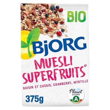 BJORG - Muesli Superfruits Bio - Raisins, Cassis, Myrtilles, Cranberries - Sans Sucres Ajoutés - 375 g