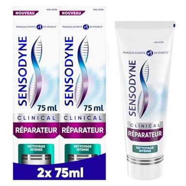 SENSODYNE Professional Dentifrice Réparateur Nettoyage Intense, Cliniquement Prouvé pour les Dents Sensibles, Action Nettoyante plus Efficace, Menthe Poivrée et Eucalyptus, Pack de 2 x 75 ml