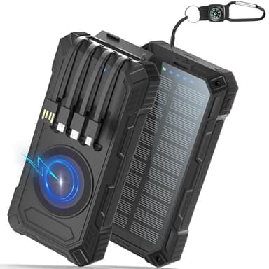 Batterie Externe Solaire 56800mAh, 30W PD 3.0A USB C Power Bank Charge Rapide avec 4 Câbles, 6 Sorties/3 Entrées, 15W Chargement sans Fil, Lampe de Poche, Voyant LED, Chargeur Externe pour Téléphone