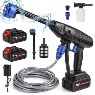 Nettoyeur Haute Pression sans Fil, 26Bar Nettoyeur Haute Pression sur Batterie avec 2 Batteries de 3,0 Ah, Buse 6 en 1, Tuyau de 5M, Pot en Mousse, Nettoyeur Haute Pression pour Jardin et Voiture