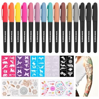 15pcs Stylo Tatouage Temporaire, Feutre Tatouage Kit Tatouage de Cadeau avec 50 tatouages, 2 Pochoirs Autocollants Doux pour la Peau pour Garçons, Filles, Carnaval, Halloween, Fête D'anniversaire