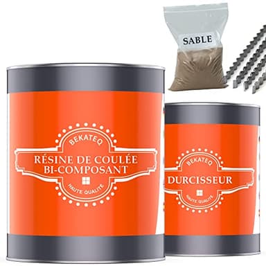 BEKATEQ Kit de résine époxy bicomposant - Transparent incolore - BK-450EP Résine de coulée pour réparer sols en béton, bois, carrelage - Étanche, inodore, durable - 1,5kg Résine, 1kg Sable, 30 Agrafes