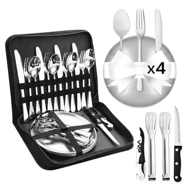 Cynrikah Set de Couverts de Camping 20 PCS, 4 Personnes kit Vaisselle Camping INOX Set de Camping INOX Eté Vaisselle Camping Ensemble de Vaisselle pour la Randonnée, l'escalade, Le Plein Air
