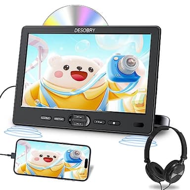 DESOBRY Lecteur DVD Voiture 10,5 Pouces avec appuie-tête, Lecteur DVD de Voiture Portable avec Casque, entrée de Disque à Ventouse, Prise en Charge de la vidéo 1080p, entrée HDMI