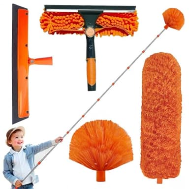 Plumeau Telescopique 6m, Tete De Loup Telescopique avec Extension RéGlable 1,5 à 4,9 m, Balai AraignéE Tete De Loup Telescopique, Tête en Microfibre Télescopique, Raclette de Fenêtre avec Grattoir
