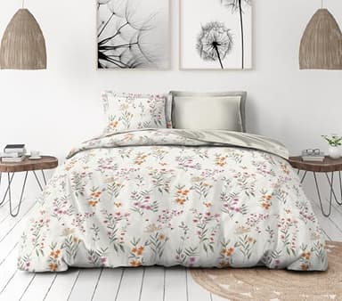 Parure de Couette 220x240 cm – 3 pièces – Percale de Coton Douce – Housse + taies – Blanc cassé – Modèle La flamboyante
