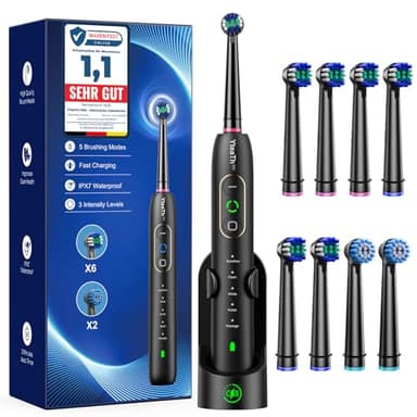 Brosse À Dent Électrique Rotatives pour Adultes - Brosses À Dents Rotatives avec 3 Intensités 5 Modes, 8 Têtes de Brosse, Étanche IPX7, Brosse A Dent Electrique de Voyage, Noir