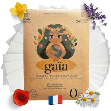 GAIA- Lessive en feuilles Biodégradable-64 Lavages-Lessive pour Bébé- écologique-100% Hydrosoluble et Hypoallergénique-Main-Voyage-Blanc et Couleurs-Poudre-Bio-Parfum frais