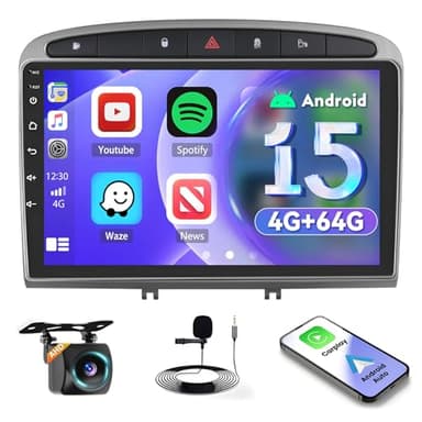 [4+64GB] Inefala Android 15 Autoradio pour Peugeot 308/408 2007-2015, 9" écran Tactile Poste Radio Bluetooth avec Wireless Carplay Android Auto GPS WiFi Bluetooth RDS/FM SWC Caméra de Recul & Mic