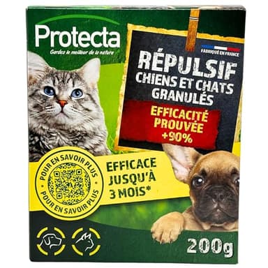 Protecta® - Granulés Répulsifs Chiens & Chats 200g – Anti-Griffures & Marquages Urinaires – Efficacité Prouvée 90% – Protection Longue Durée (Jusqu’à 3 Mois) – Tous Types de Surfaces – Usage Extérieur