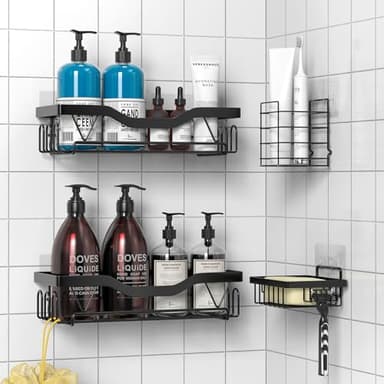 UUlioyer Etagère Douche, Etagere Salle de Bain Sans Percage, Rangement Douche, Support de gel Shampoing (4 Pièces Etagère Douche- Noir)