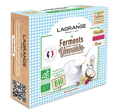 LAGRANGE Ferments yaourt aromatisés BIO, Fabrication française, 3 sachets aromatisées (1 Vanille / 1 Framboise /1 Noix de coco) de 12g chacun, 1 sachet de ferment pour 1.5L de lait, 385004