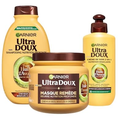 Garnier Ultra Doux - Routine pour Raviver les Boucles des Cheveux Secs, Bouclés à Crépus - À l'Huile d'Avocat et Beurre de Karité - Shampooing, Après-Shampooing et Masque - Homme & Femme