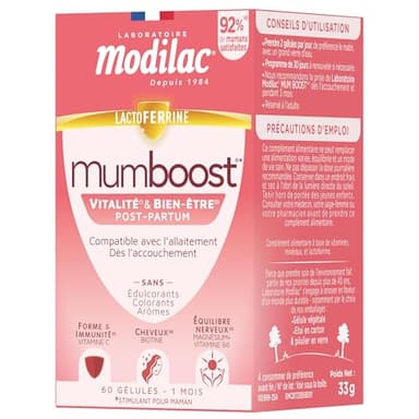 Modilac - Mumboost*, Complément Alimentaire Soutien Post-partum compatible Allaitement - *Stimulant pour Maman, Bien-être (1), Vitalité (2)- Vitamines, Minéraux, Lactoferrine** - 60 Gélules Végétales