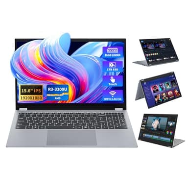 rumlawn Ordinateur Portable 2 en 1, 15,6" PC Portable 16Go RAM 1TB SSD, Portables Ryzen 3 3200U Processeur, Radeon Graphics GPU, Laptop 360°Flip Tactile Écran, Wi-FI 5, BT 5.1, RJ45, HDMI, Type-C