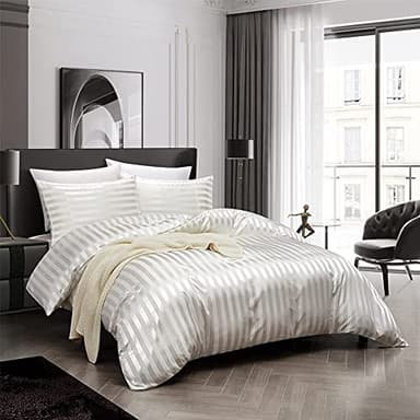 Luofanfei Housse Couette 220x240 Satin Blanc Beige 2 Personne Rayures Satinée Parure lit Soie Lisse Soyeux Brillant Unie Uni Sets Housse Couette Fermeture éclair et 2x 65x65cm Taies d'oreiller